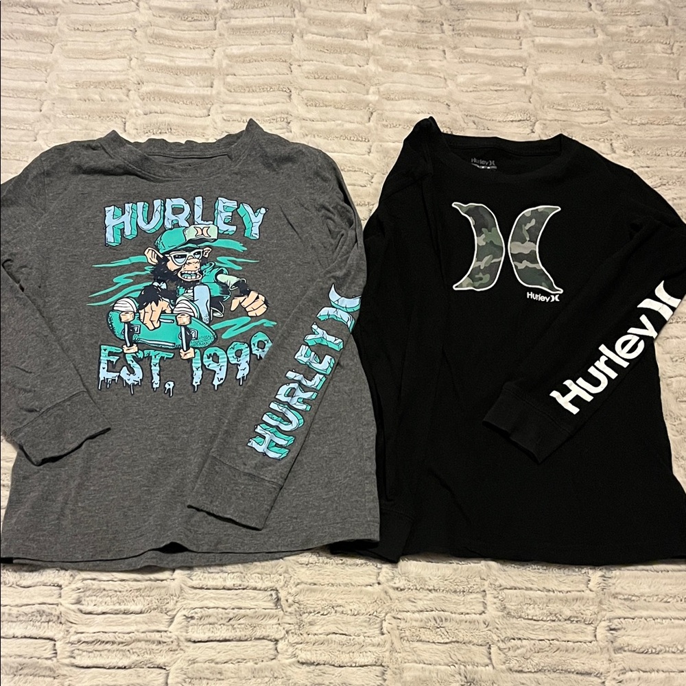Hurley Kids Long Sleeve Tees - Gray and Black with Graphic Prints
